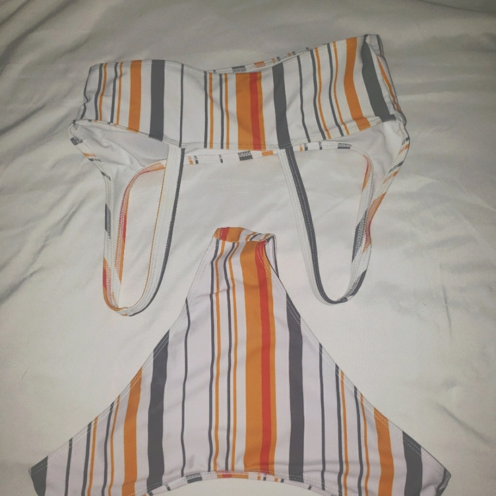 **3/$15**SHEIN Woman's Striped Orange Yellow Gray White High Cut Bikini - Picture 3 of 4